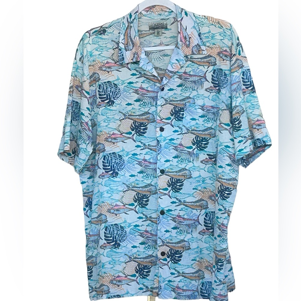 OCEAN COAST Button Down Seaside & Fish Print Shirt Size L